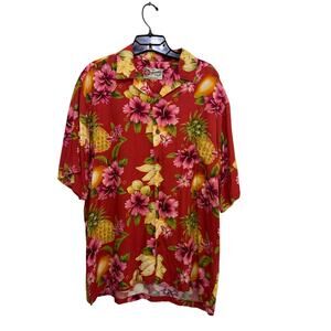 Vintage Hilo Hattie Aloha Shirt Button Down Hawaiian Floral Red Size Medium Luau